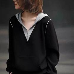 Pure Cotton Black High-End Faux Two-Piece Color-Blocked Hooded Sweatshirt for Women, New Style, Versatile, Slimming, Long-Sleeved Top, Trendy