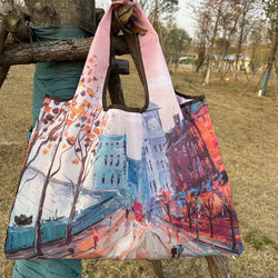 2026 Export Eco-Friendly Travel Bag Oil Painting Series Cartoon Folding Tote Shopping Bag Grocery Bag Large Capacity