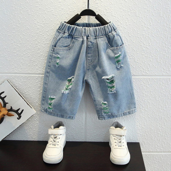 
Children's clothing, baby clothing, parent-child clothing, pants, ripped denim shorts, solid color elastic, other materials (100%