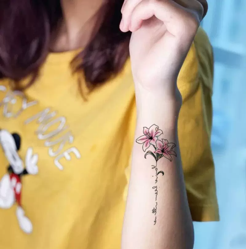 纹身贴ins风百合花英文小清新彩色仙后背大图案防水女纹身贴纸