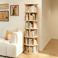 Solid Wood Rotating Bookshelf, Living Room Side Cabinet, Book Display Cabinet, 360-Degree Integrated Wall-Mounted Storage Cabinet, Floor-Standing Bookcase