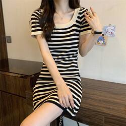 French Retro Stripesd Square-Neck Short-Sleeved T-Shirt Dress for Women, Summer Knitwear, Slim Fit, Hip-Hugging Short Skirt