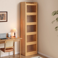Solid Wood Wall-Mounted Corner Bookcase, Floor-Standing Children's Dust-Proof Bookshelf with Door, Narrow Cabinet Integrated Next to Acrylic Storage Cabinet
