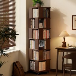 Naijia 360-Degree Rotatable Bookshelf Solid Wood Bookcase Living Room Corner Floor-Standing Storage Rack Wall-Mounted Integrated Storage Rack