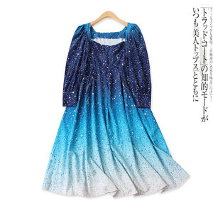 
Gradient Color Dress Summer New Foreign Trade Women's Fashion Square Neck High Waist Zipper Puff Sleeve Long Dress 18191