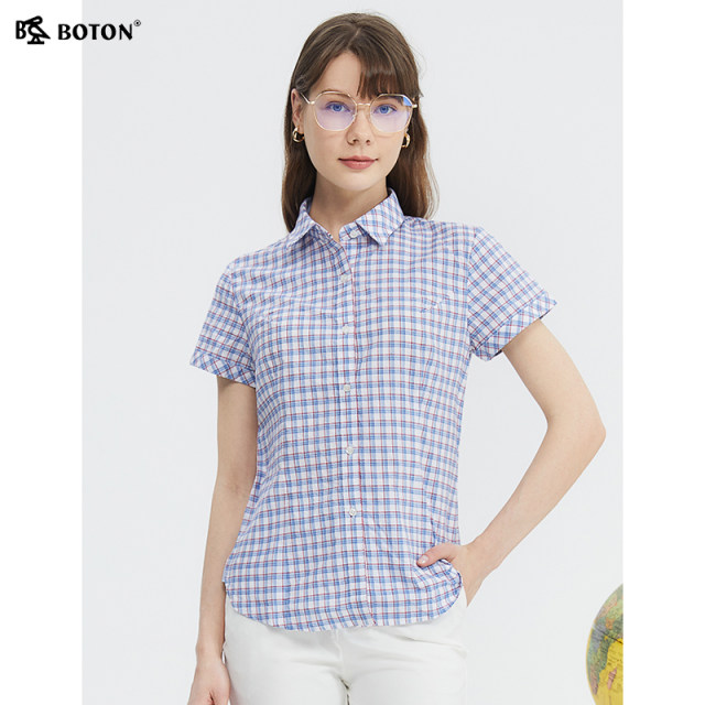 Borton 2025 summer short-sleeved red blue white plaid shirt women's American casual pure cotton high-end large-size shirt
