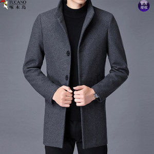 
Woodpecker middle-aged men's autumn and winter woolen coat mid-length business loose casual stand-up collar windbreaker jacket top