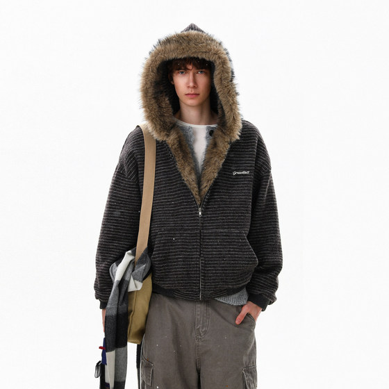 
MRNEARLY American retro striped fur collar mountain carving cotton jacket men's hooded winter warm couple cotton jacket