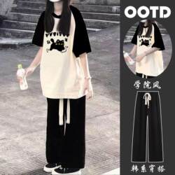 Student Sportswear Set for Women 2026 New Apricot Top Loose Korean Style Short-Sleeved Fashionable Wide-Leg Pants Two-Piece Set