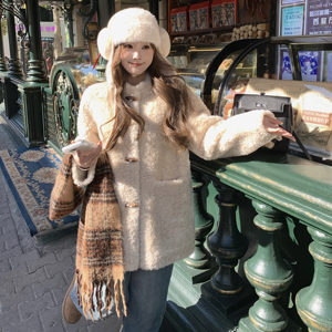 
JAMUUS lazy style imitation lamb hair horn button fur all-in-one fur coat women's mid-length warm top