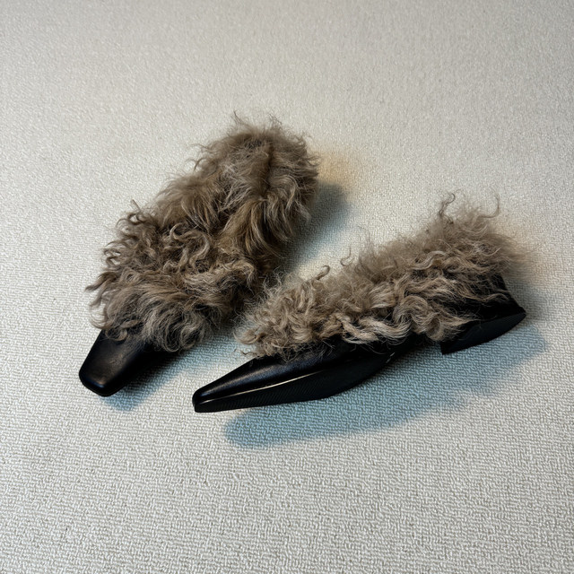 2025 Autumn and Winter New Genuine Leather Square Toe Thick Heel Furry Shoes Wool Velvet Lined Deep Mouth Single Shoes Women's Warm Small Leather Shoes