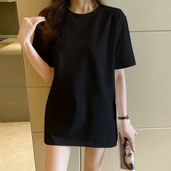 Black Long T-Shirt for Women, Short-Sleeved, Covers the Hips, Mid-Length, Loose Fit, Pure Cotton, Solid Color Top, Plus Size, Summer ins Trendy