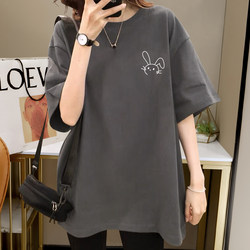 Butt-Covering Pure Cotton T-Shirt for Women, Short-Sleeved, 2025 Summer New Style, Plus Size, Age-Reducing, Mid-Length, Loose, Smoky Gray Top