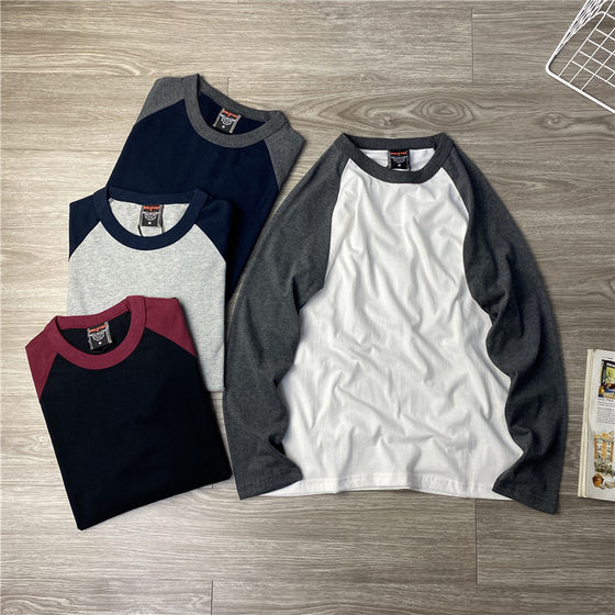 
Full cotton washing and wool 2025 American casual heavyweight pure cotton rapace spliced ​​long-sleeved T-shirt men's trendy