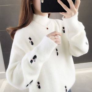 
Mink plush sweater for women 2025 autumn and winter new loose inner wear lazy short half turtle neck thickened knitted base shirt