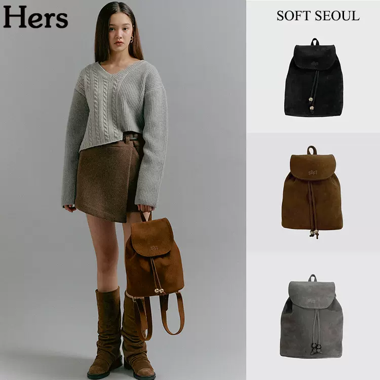 正品【Hers】SOFT SEOUL 双肩包23新款学院风麂皮刺绣翻毛皮背包-Taobao