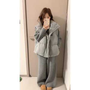 韩式日常慵懒风百搭马甲背心棉服+灰色针织毛衣+阔腿长裤三件套装