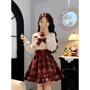 
French fashion sweet girl style New Year red plaid bow high waist dress winter casual slim slimming short skirt