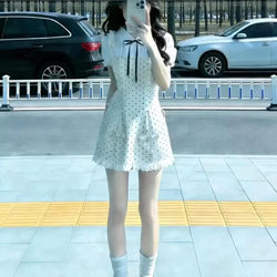 French-Style Short-Sleeve Faux Two-Piece Polka Dot Dress with Bow, Women's Summer 2026 New Model, Waist-Cinching Slimming Short Dress