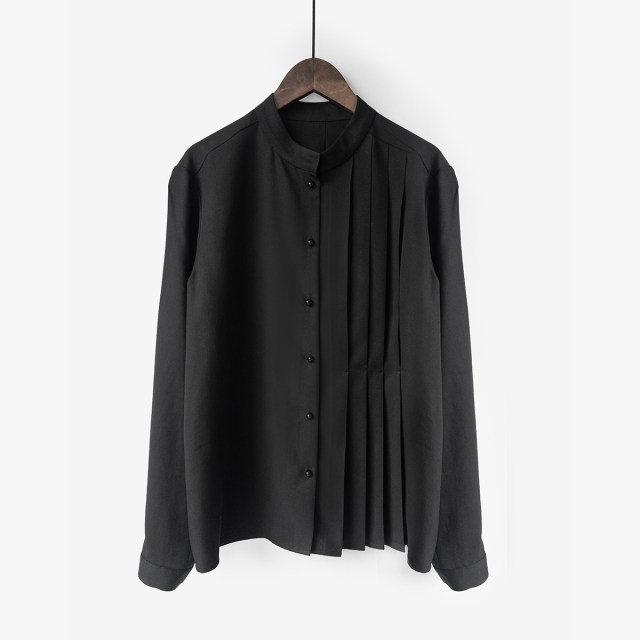 New spring and summer long-sleeved shirt for women loose small stand-up collar round neck collarless black shirt temperament top versatile

