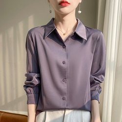 2026 Autumn/Winter New Acetate Shirt Collar Blouse for Women, Loose Fit, Slimming, Elegant Long Sleeve Shirt, Silk Satin