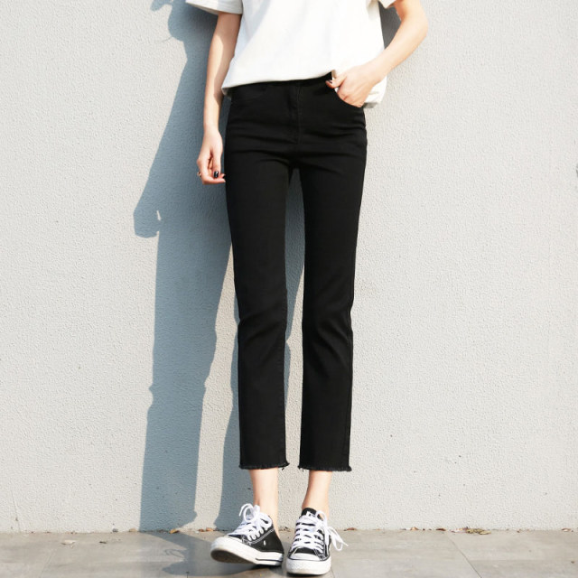 Large -size women's high -waisted elastic straight jeans are thin and thin MM pear -shaped figure
