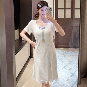 
Short-sleeved pajamas for women in summer modal sweet can be worn outside with bow with chest pad mid-length pajamas dress home clothes
