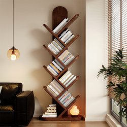 Solid Wood Tree-Shaped Bookshelf, Living Room Floor-Standing Storage Rack, Integrated Wall-Mounted Corner Narrow Children's Bookcase