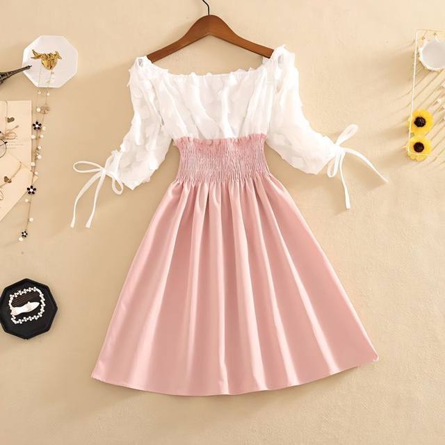 Spot 2025 summer outfit new internet celebrity skirt with waist slim and sweet one-shoulder round neck and two-shoulder off-shoulder a