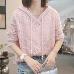 Crochet Hollow-Out Hooded Knit Sweater for Women 2026 New Spring Thin Solid Color Sweater Loose Lazy Long-Sleeve Top
