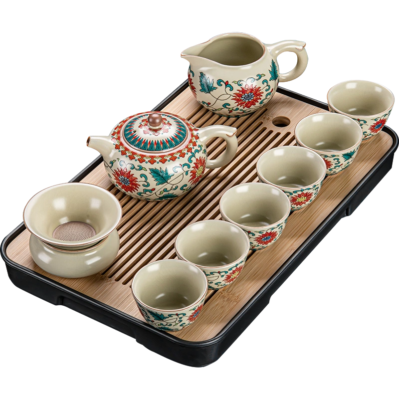 黄汝窑花满红中式茶具套装家用功夫陶瓷茶壶茶杯带茶盘办公室会客-Taobao Malaysia