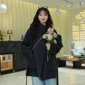 
2025 mid-length winter style loose stand collar double-sided cashmere coat tied waist wool jacket