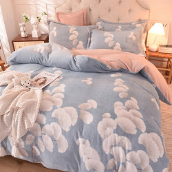Thickened Milk Velvet Four-Piece Set, Winter Coral Velvet Double-Sided Plush Flannel Fleece-Lined Duvet Cover Bedding Set with Fitted Sheet
