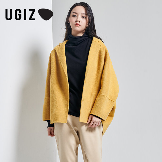 UGIZ winter new product Korean women's solid color casual suit collar front shorter long hair woolen female Udhd704