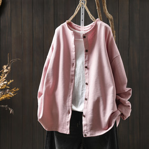 
Pink jacket women's spring new style 2026 retro loose casual pure cotton terry long sleeve outer cardigan top