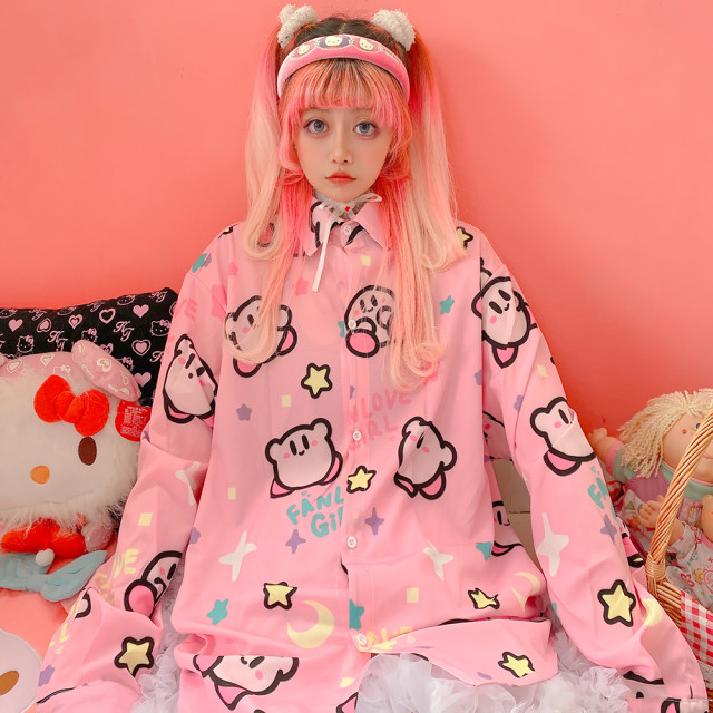 Exclusive original rice family cute Japanese original long -sleeved long -sleeved pink cartoon sweet soft girl shirt