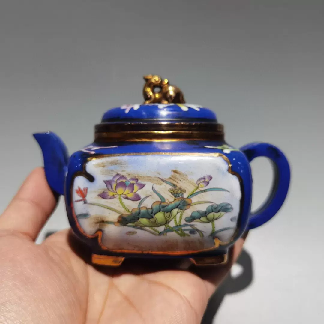 中国 古七宝琺瑯彩 花唐草文 三足蓋爐 香炉 M R8546 中国 古七宝琺瑯彩