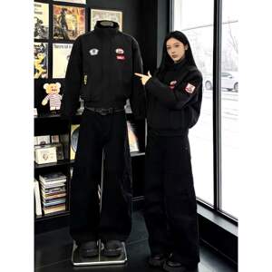 
American badge embroidery stand collar cotton jacket for men in winter, thickened and warm, short style couple cotton jacket, trendy brand motorcycle jacket