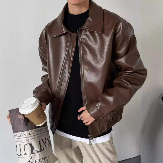 
Autumn and winter Korean style fashionable retro style motorcycle leather jacket men's short leather jacket loose style