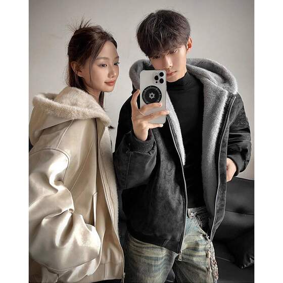 
Mountain carving fur collar hooded jacket, men's and women's winter velvet thickened loose couple's cotton jacket