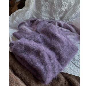 
Meisu Purple White Wool Brushed Sweater Women's Autumn and Winter Korean Atmosphere Pullover Knitwear Long Sleeve Versatile Top