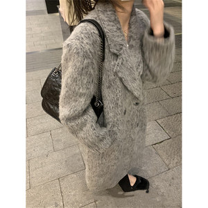 One can survive the winter~ Long-haired mohair chaebol gray suit coat thickened medium-length wool coat for women

