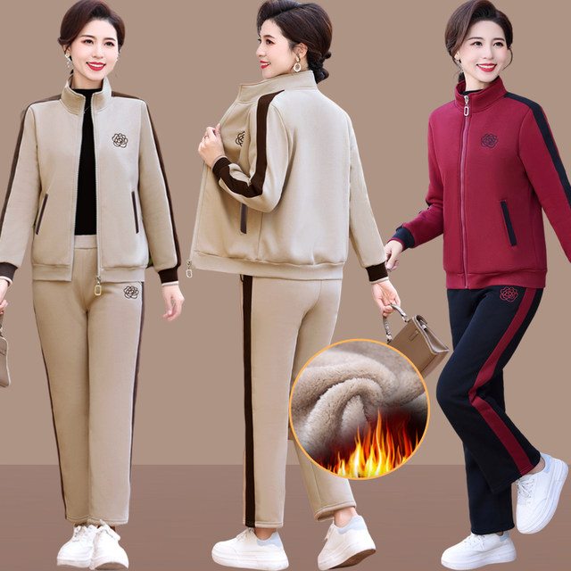 Middle-aged women's velvet thickening sports suit 40-year-old mother's winter clothing new casual two-piece winter women's jacket