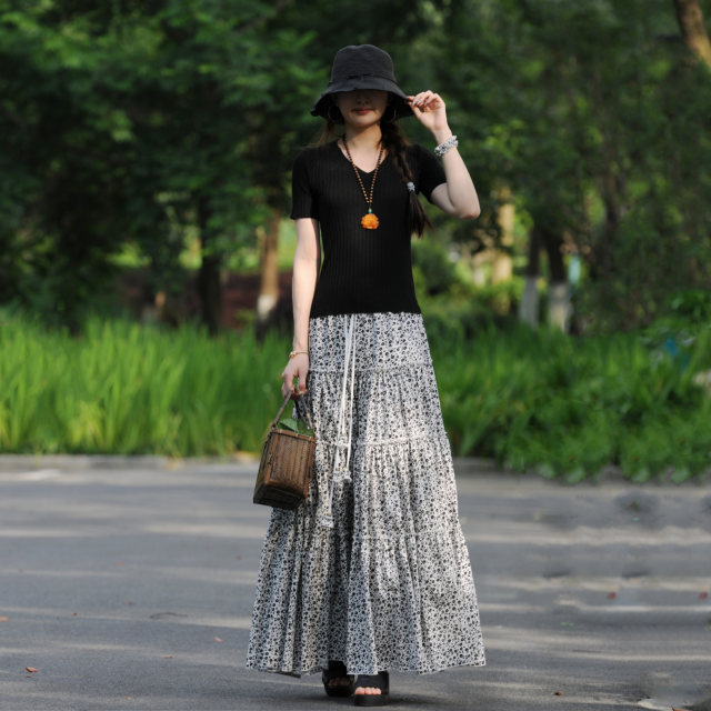 Suxin's new homemade floral long skirt A-line tie spring and summer cotton oversized dancing skirt