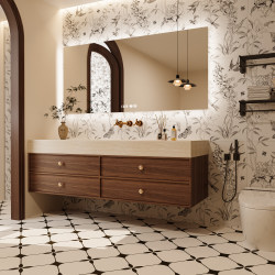 Medieval Style Rock Slab Hot-Bent Seamless Integrated Basin Bathroom Cabinet Set, Custom Washbasin for Bathroom