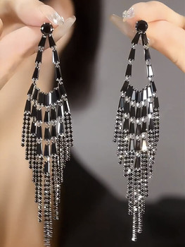 
European and American style long black zircon tassel earrings