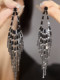 European and American style long black zircon tassel earrings 925 silver needle earrings high-end cold style exaggerated long earrings