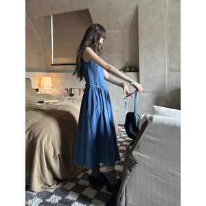 JMWOMEN Blue French straps v-neck thin plaid sleeveless dress for women in summer loose a-line waist-hugging long skirt