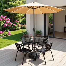 Outdoor Durable Sun Umbrella Table and Chair Set with Umbrella, Courtyard Parasol, Garden Central Column Leisure Open-Air Stall