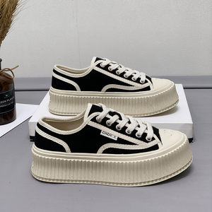 
European station Xiaoxiangfeng sponge cake thick-soled genuine leather casual canvas shoes 2025 spring new Korean style lace-up biscuit shoes trend